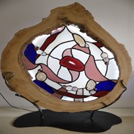 Vitrail rond – véritables agates insérées dans un cadre platane avec leds, socle en métal
